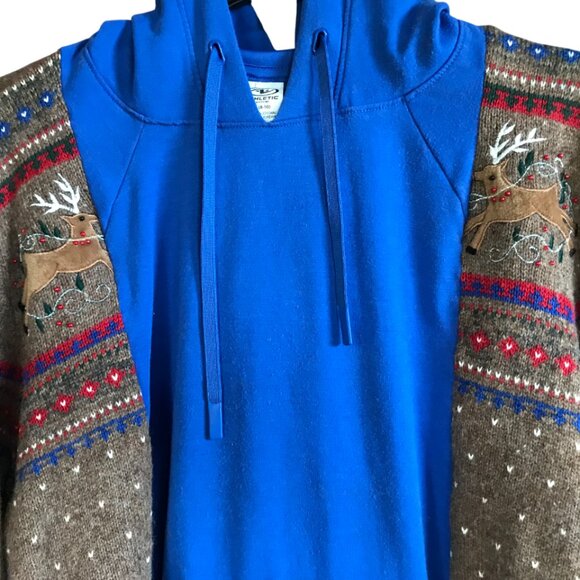 Upcycled Hoodie, Reindeer Sweater Sleeves, L-XL: Christmas Sweatshirt Jacket - Picture 4 of 12